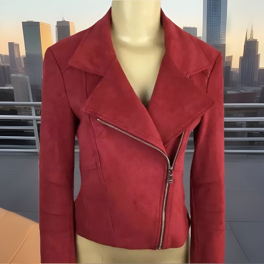 Express Womens XS Moto Jacket Faux Suede Terracotta Full Zip Silver Hardware